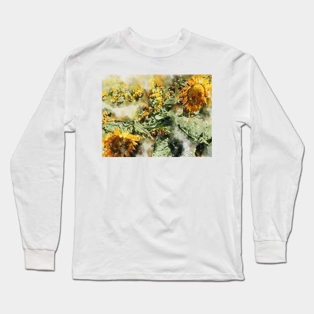 Abstract Sunflowers - Digital Watercolor Long Sleeve T-Shirt by ibadishi